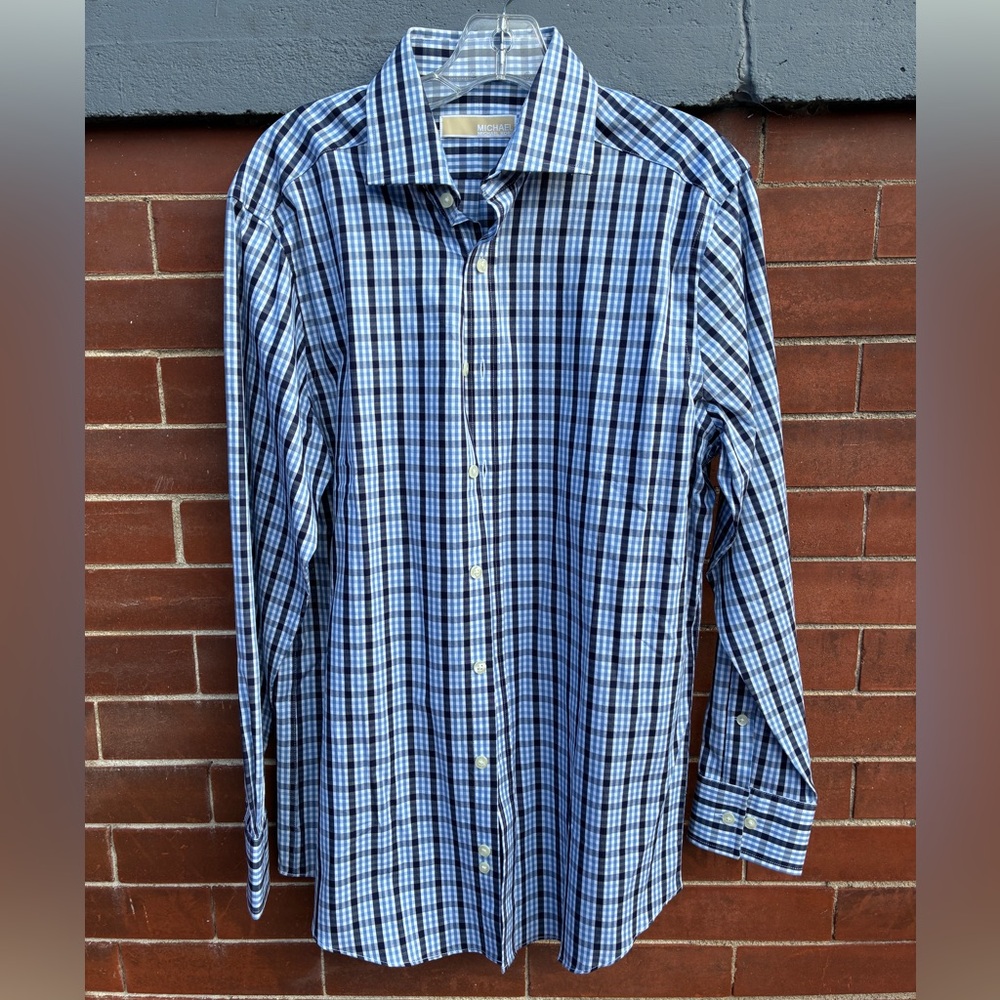 Michael Kors Men’s Button Down Shirt Blue Plaid Check Size Small Slim Fit